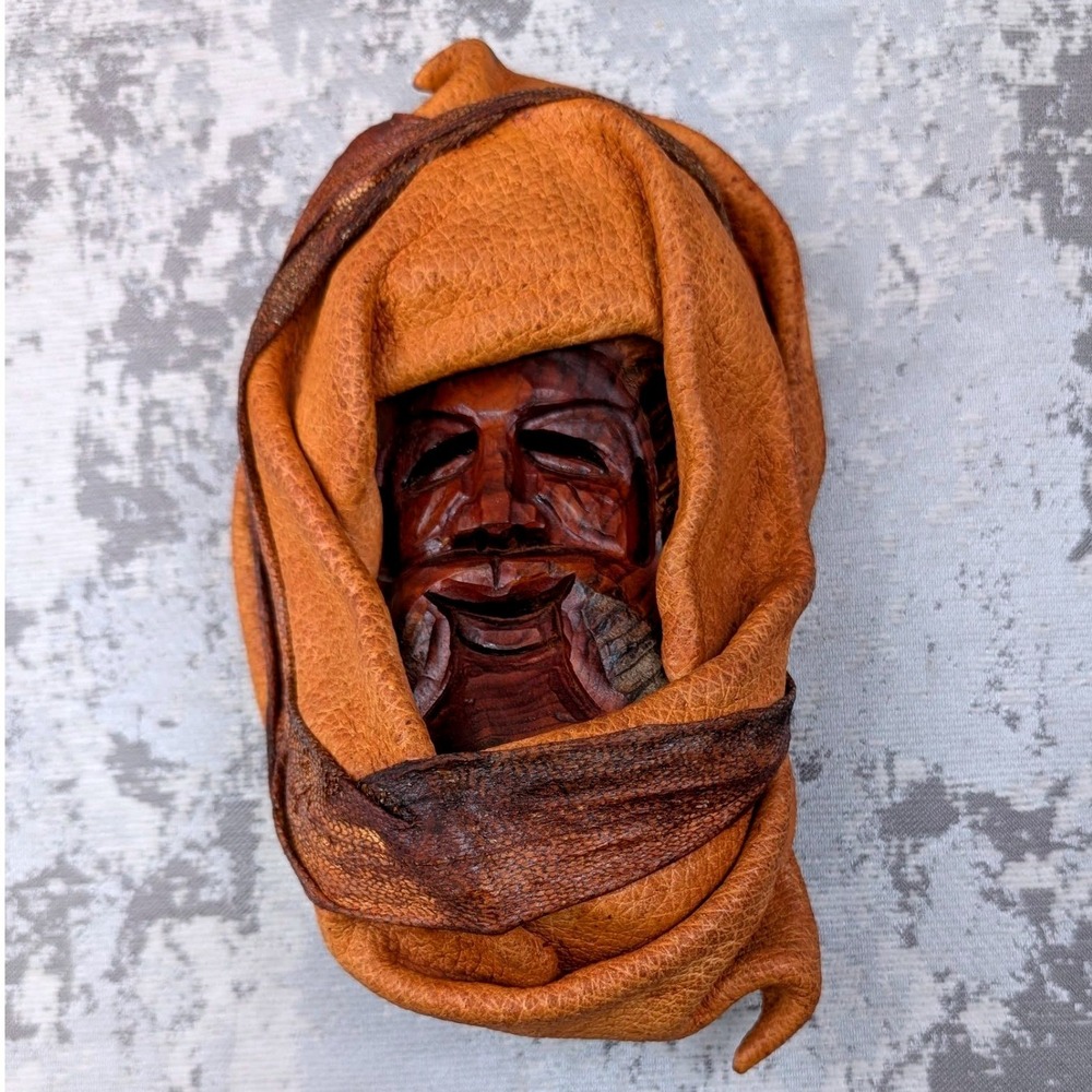 Hand Carved Wood Face Mask in Wrapped Leather Shroud Folk Art Wall Hanging Decor